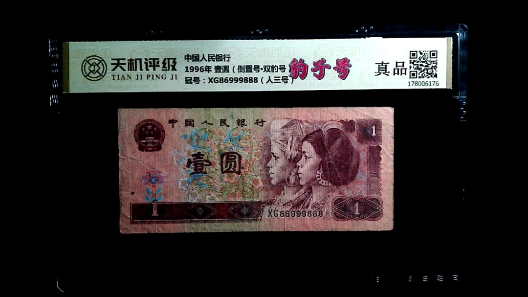 中国人民银行1996年 壹圆（倒置号▪双豹号），冠号XG86999888（人三号），纸币，钱币收藏