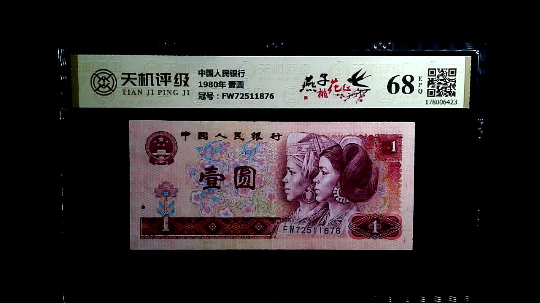 中国人民银行1980年 壹圆，冠号FW72511876，纸币，钱币收藏