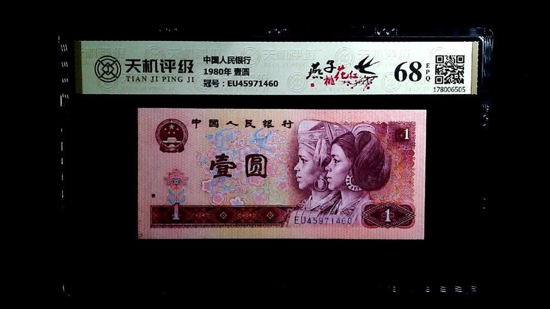 中国人民银行1980年 壹圆，冠号EU45971460，纸币，钱币收藏