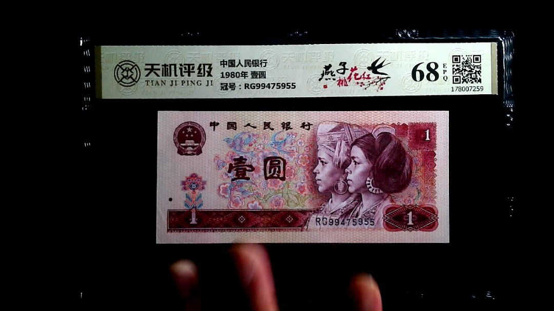中国人民银行1980年 壹圆，冠号RG99475955，纸币，钱币收藏
