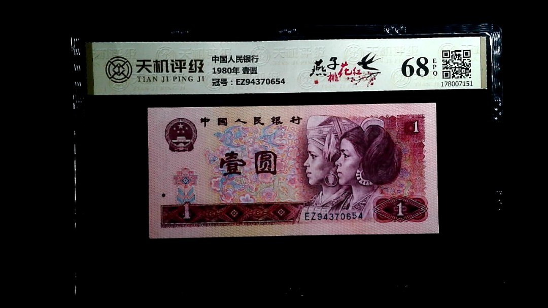 中国人民银行1980年 壹圆，冠号EZ94370654，纸币，钱币收藏