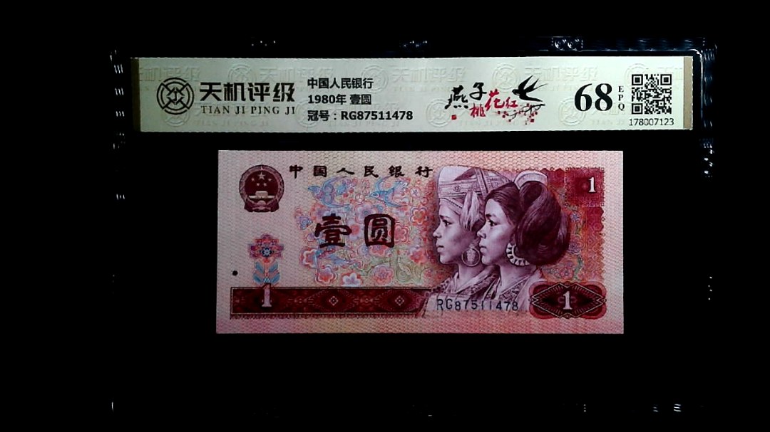 中国人民银行1980年 壹圆，冠号RG87511478，纸币，钱币收藏
