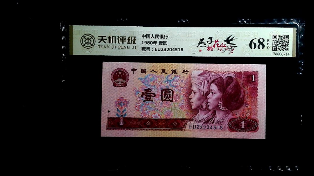中国人民银行1980年 壹圆，冠号EU23204518，纸币，钱币收藏