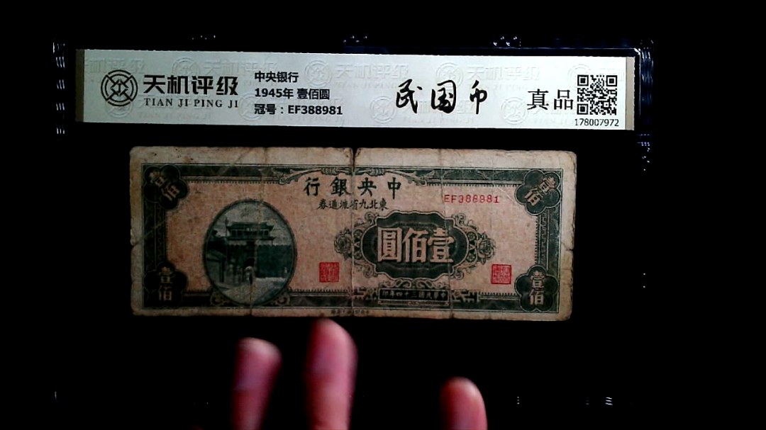 中央银行1945年 壹佰圆，冠号EF388981，纸币，钱币收藏
