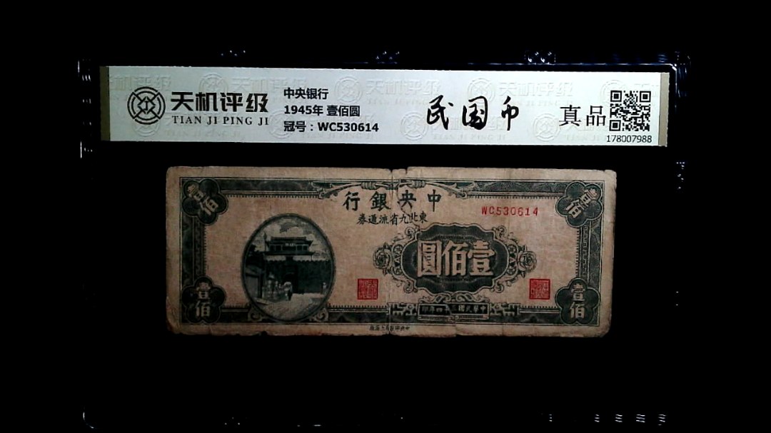 中央银行1945年 壹佰圆，冠号WC530614，纸币，钱币收藏