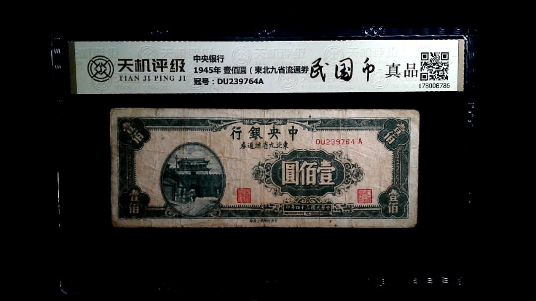 中央银行1945年 壹佰圆（東北九省流通劵），冠号DU239764A，纸币，钱币收藏