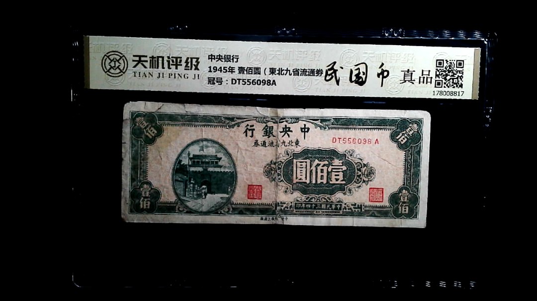 中央银行1945年 壹佰圆（東北九省流通劵），冠号DT556098A，纸币，钱币收藏