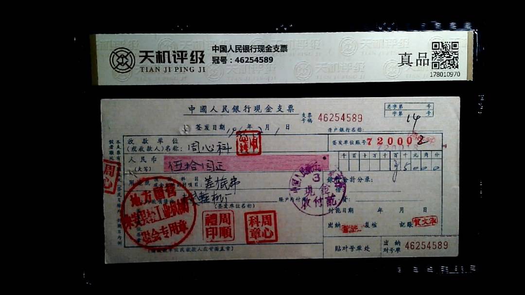 中国人民银行现金支票，冠号46254589，纸币，钱币收藏