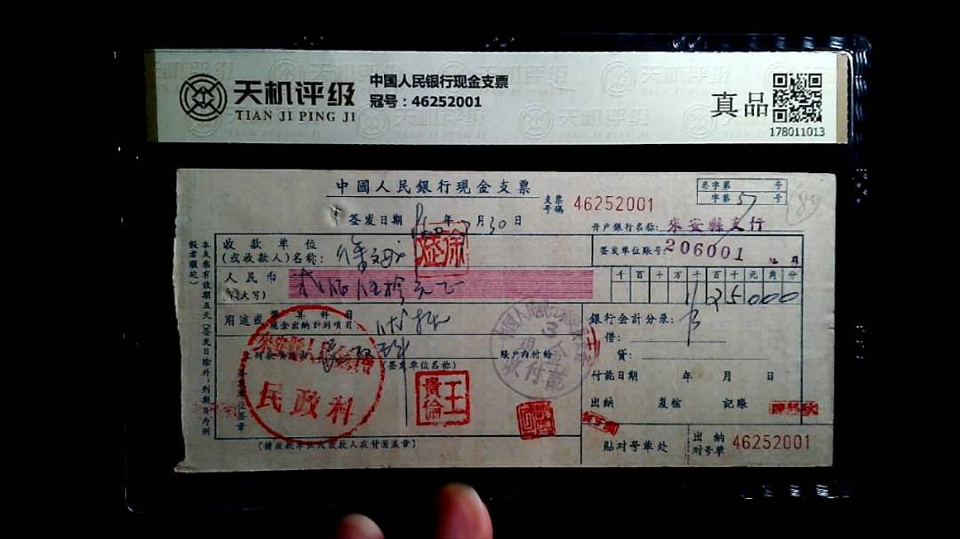 中国人民银行现金支票，冠号46252001，纸币，钱币收藏