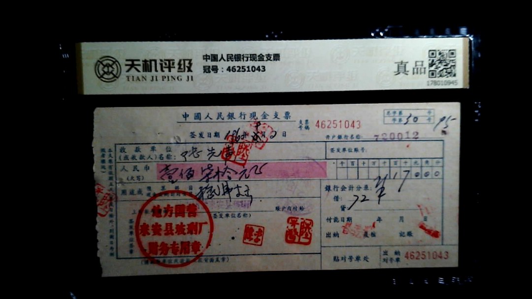 中国人民银行现金支票，冠号46251043，纸币，钱币收藏