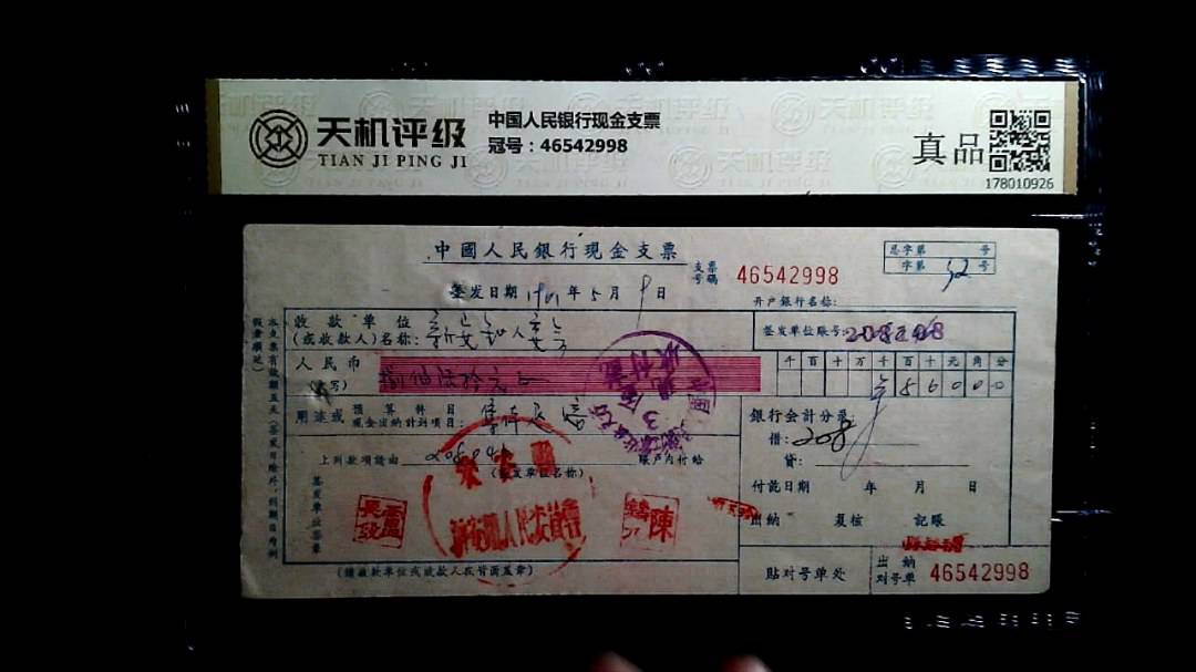 中国人民银行现金支票，冠号46542998，纸币，钱币收藏
