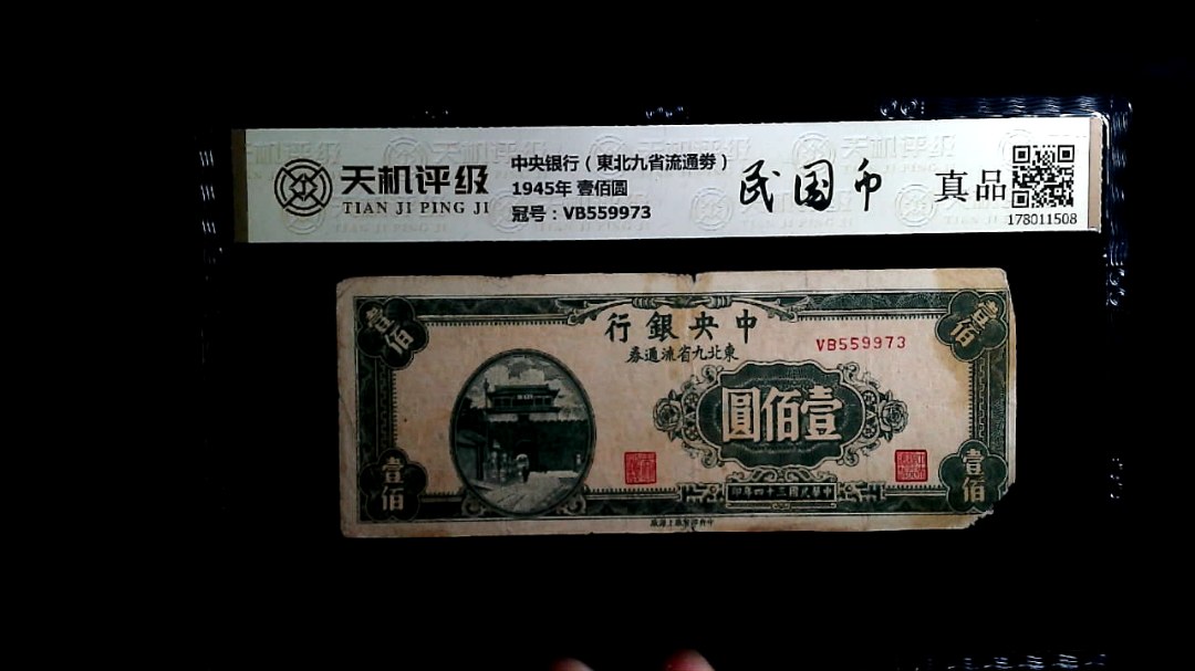 中央银行（東北九省流通劵）1945年 壹佰圆，冠号VB559973，纸币，钱币收藏