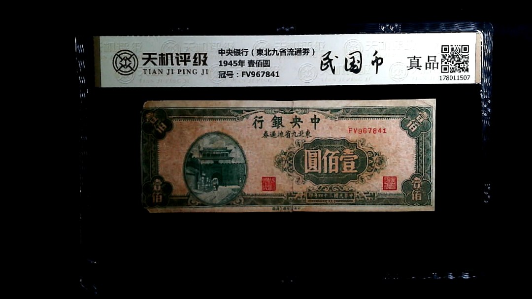 中央银行（東北九省流通劵）1945年 壹佰圆，冠号FV967841，纸币，钱币收藏