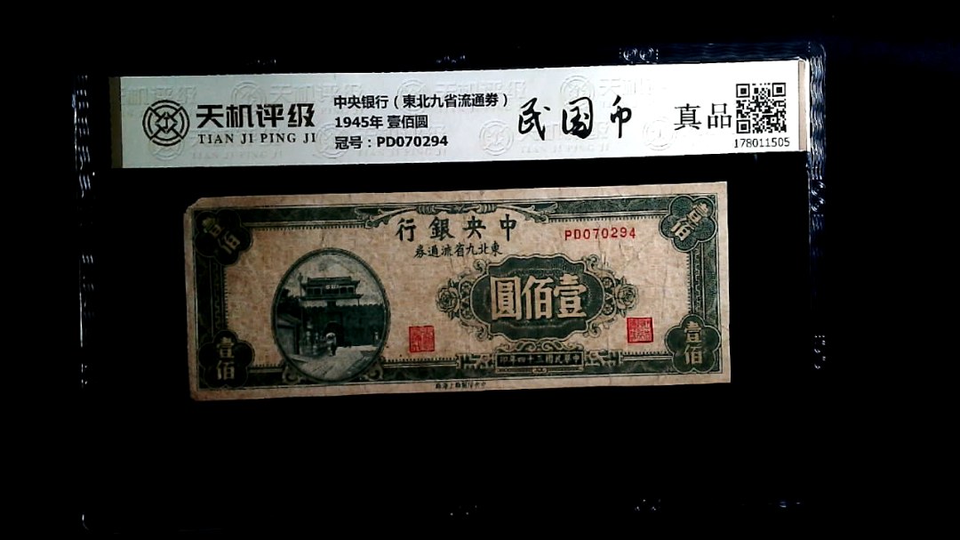 中央银行（東北九省流通劵）1945年 壹佰圆，冠号PD070294，纸币，钱币收藏