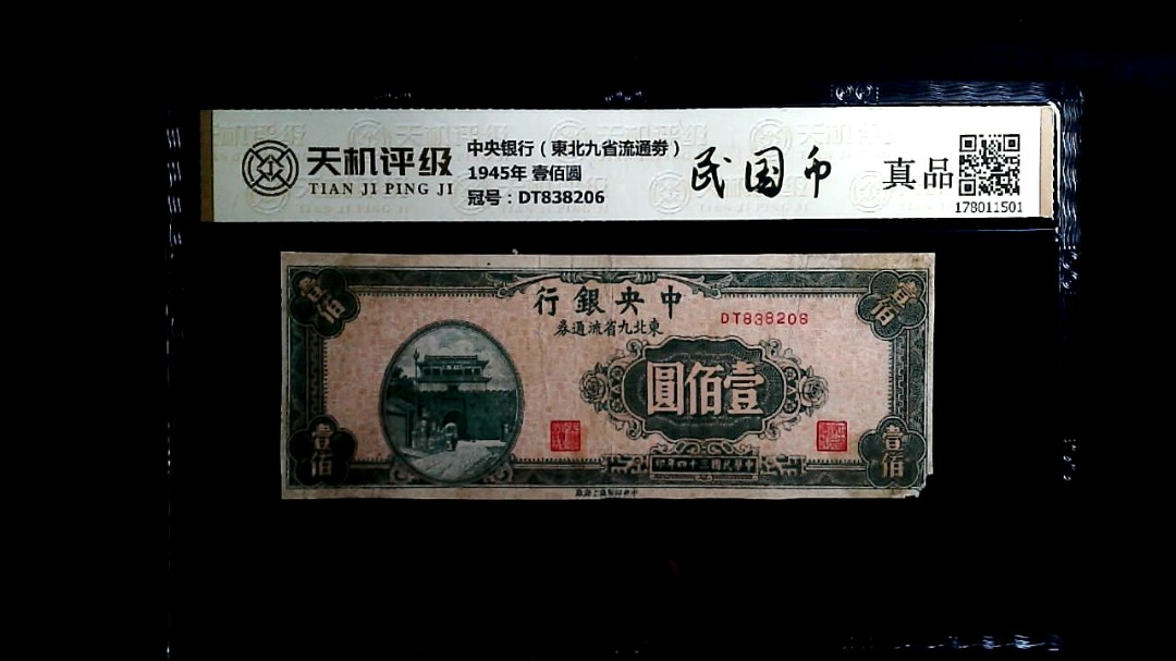 中央银行（東北九省流通劵）1945年 壹佰圆，冠号DT838206，纸币，钱币收藏