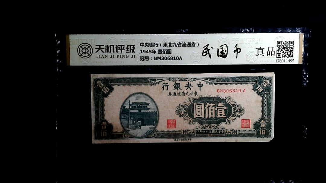 中央银行（東北九省流通劵）1945年 壹佰圆，冠号BM306810A，纸币，钱币收藏