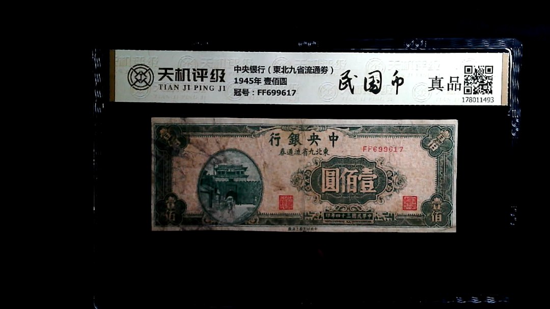 中央银行（東北九省流通劵）1945年 壹佰圆，冠号FF699617，纸币，钱币收藏
