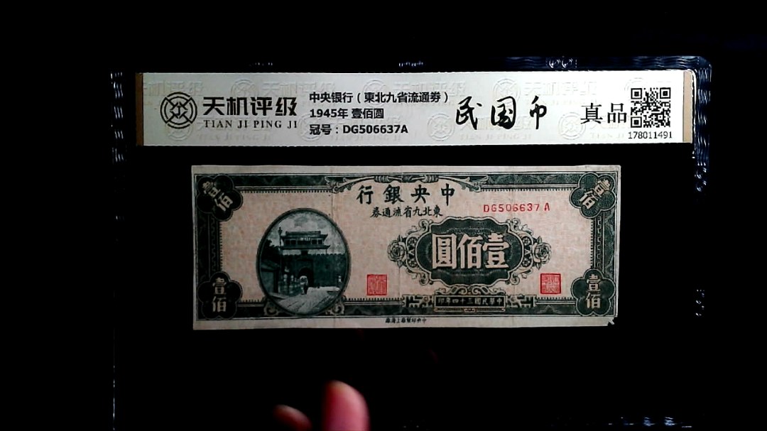 中央银行（東北九省流通劵）1945年 壹佰圆，冠号DG506637A，纸币，钱币收藏