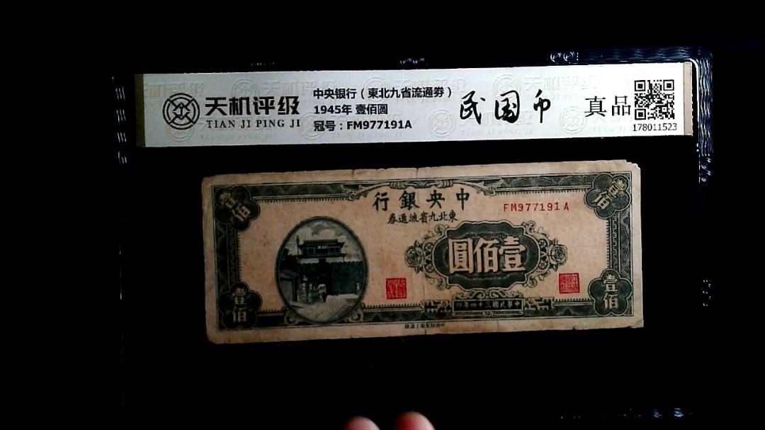 中央银行（東北九省流通劵）1945年 壹佰圆，冠号FM977191A，纸币，钱币收藏