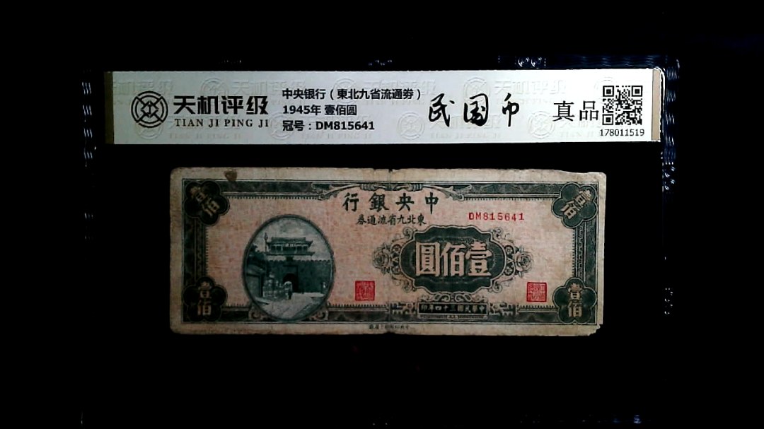 中央银行（東北九省流通劵）1945年 壹佰圆，冠号DM815641，纸币，钱币收藏