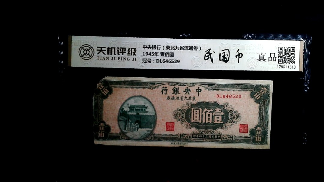 中央银行（東北九省流通劵）1945年 壹佰圆，冠号DL646529，纸币，钱币收藏