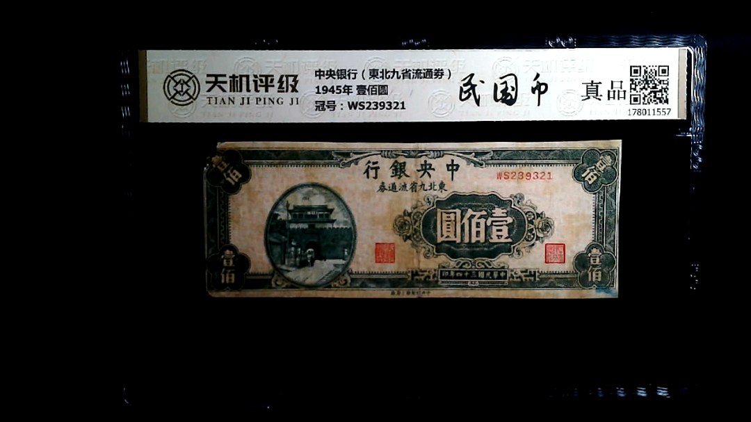 中央银行（東北九省流通劵）1945年 壹佰圆，冠号WS239321，纸币，钱币收藏