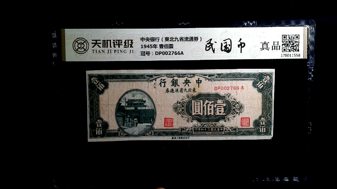 中央银行（東北九省流通劵）1945年 壹佰圆，冠号DP002766A，纸币，钱币收藏