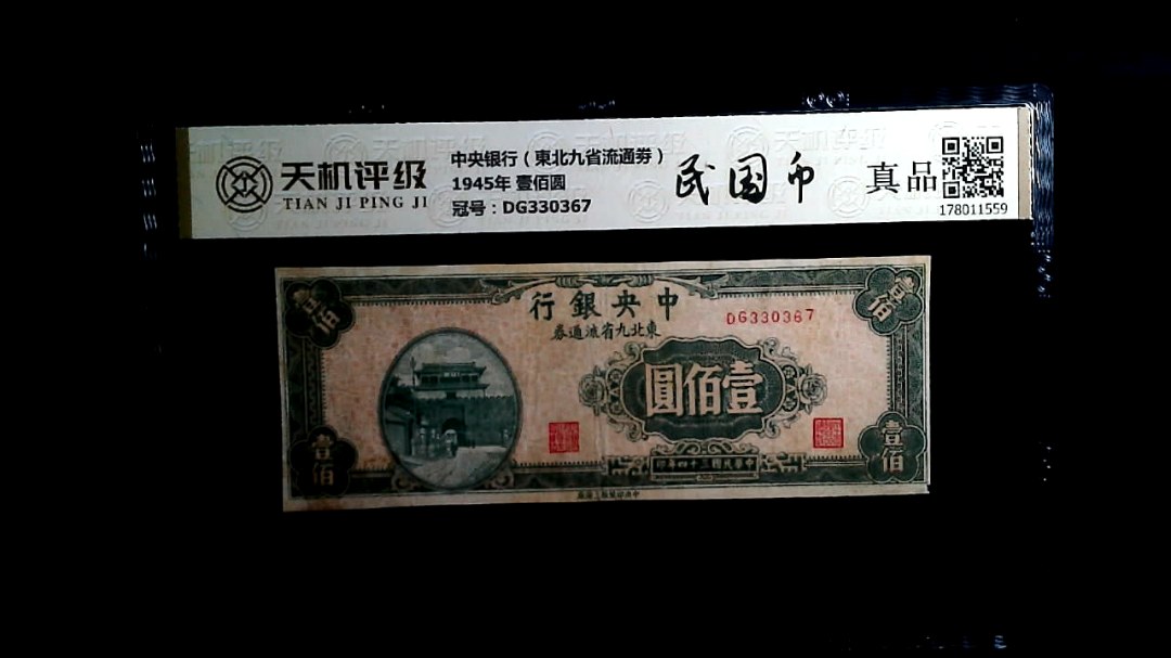 中央银行（東北九省流通劵）1945年 壹佰圆，冠号DG330367，纸币，钱币收藏