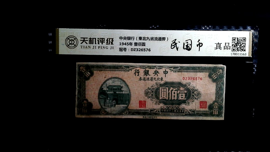 中央银行（東北九省流通劵）1945年 壹佰圆，冠号DZ326576，纸币，钱币收藏