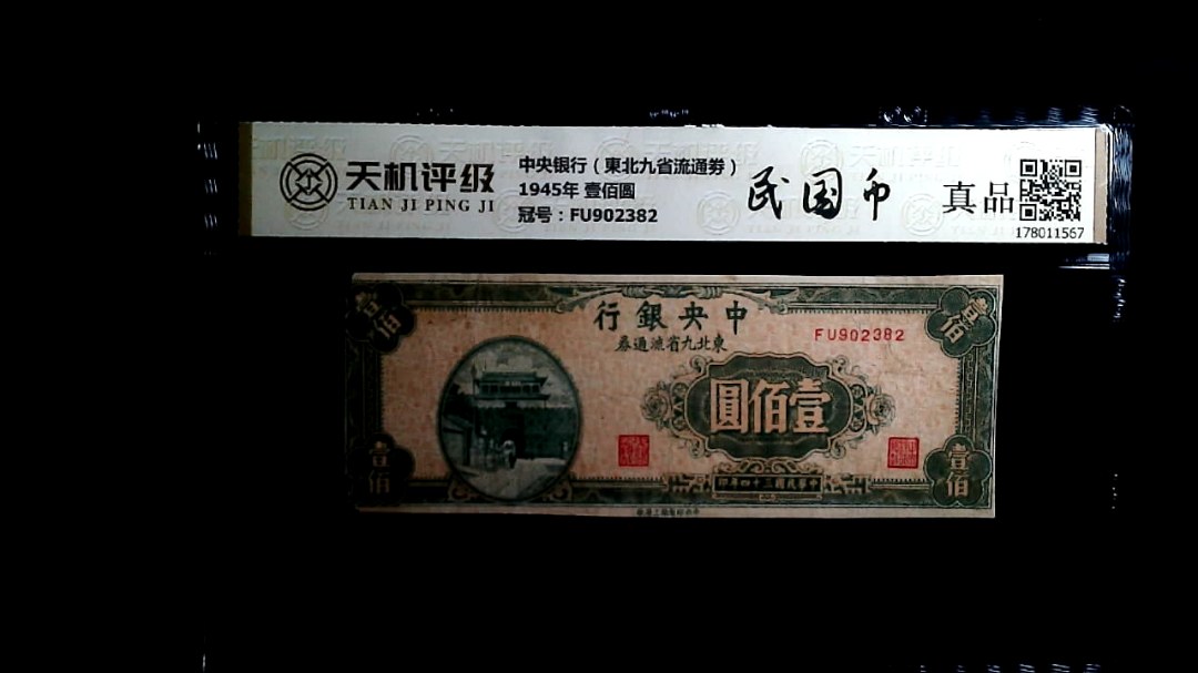 中央银行（東北九省流通劵）1945年 壹佰圆，冠号FU902382，纸币，钱币收藏