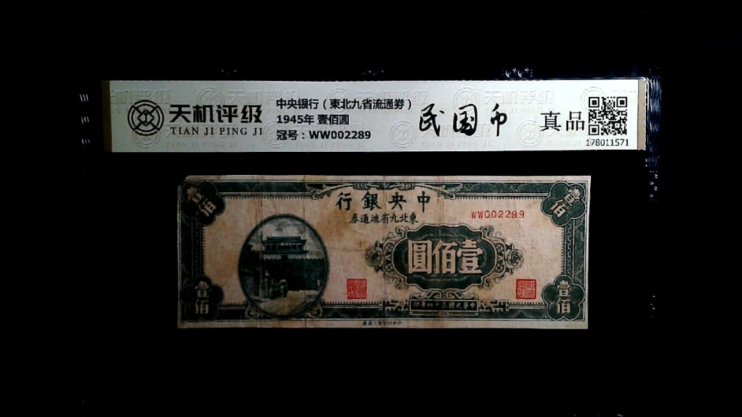 中央银行（東北九省流通劵）1945年 壹佰圆，冠号WW002289，纸币，钱币收藏