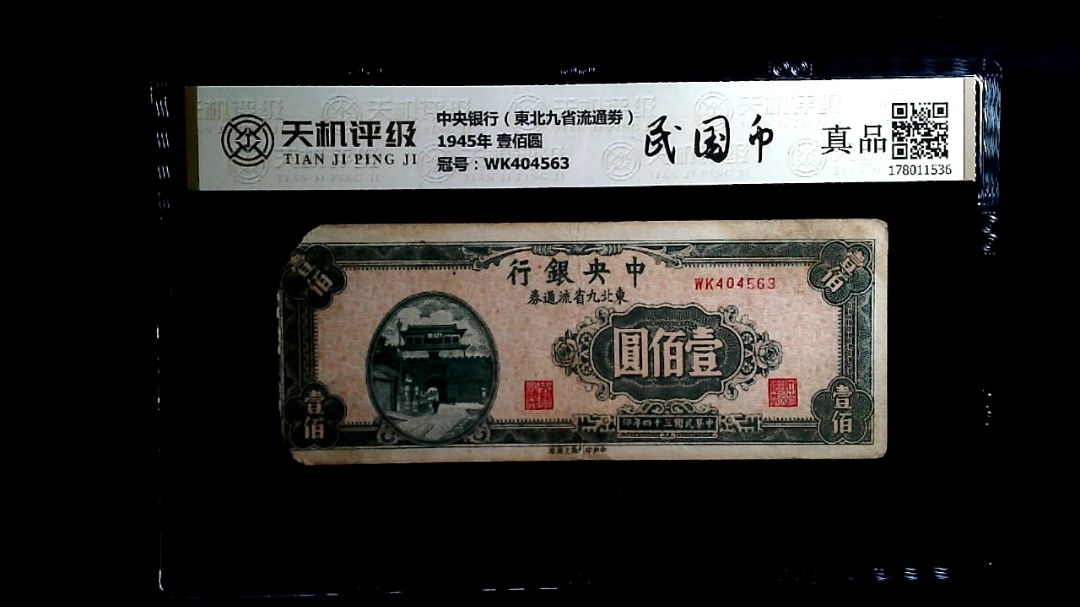 中央银行（東北九省流通劵）1945年 壹佰圆，冠号WK404563，纸币，钱币收藏