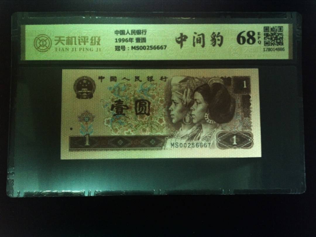 中国人民银行1996年 壹圆，冠号MS00256667，纸币，钱币收藏