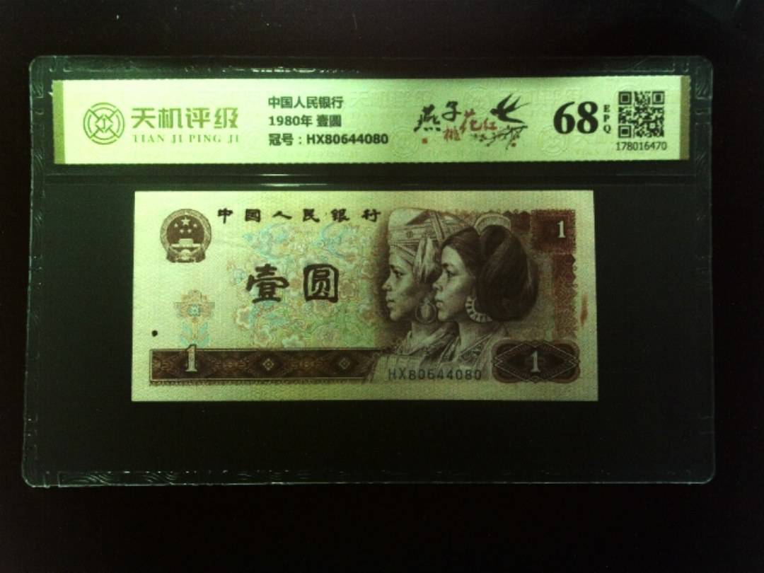 中国人民银行1980年 壹圆，冠号HX80644080，纸币，钱币收藏