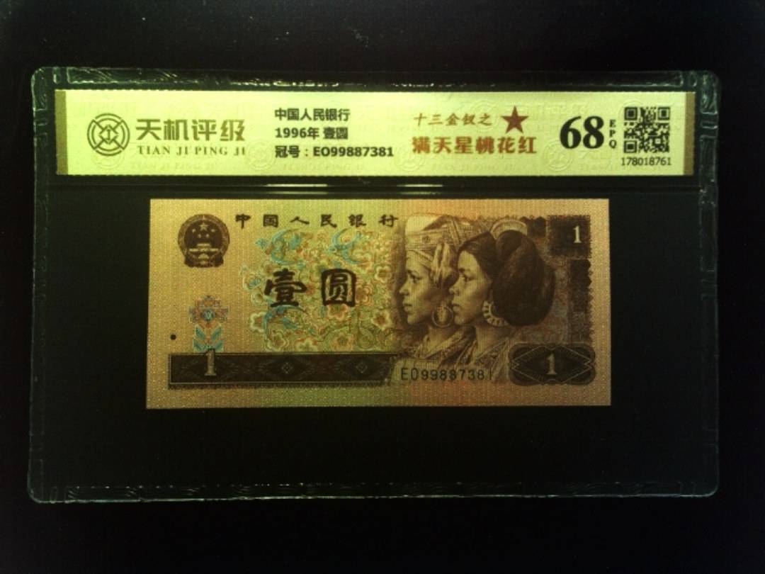 中国人民银行1996年 壹圆，冠号EO99887381，纸币，钱币收藏