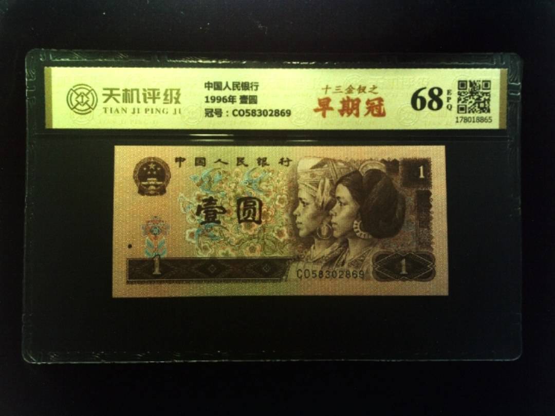 中国人民银行1996年 壹圆，冠号CO58302869，纸币，钱币收藏