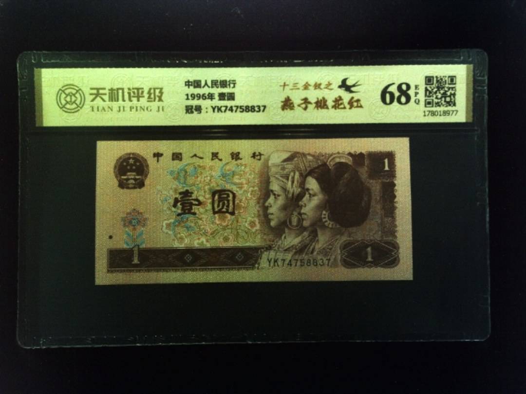 中国人民银行1996年 壹圆，冠号YK74758837，纸币，钱币收藏