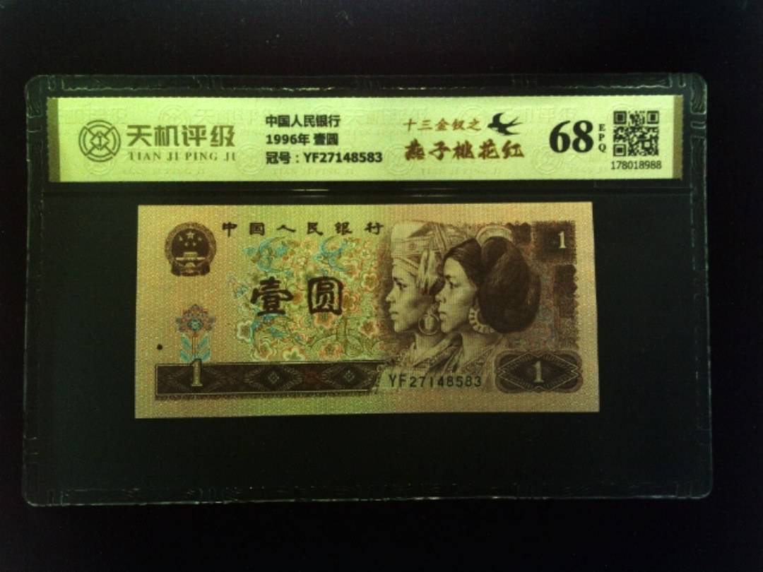 中国人民银行1996年 壹圆，冠号YF27148583，纸币，钱币收藏