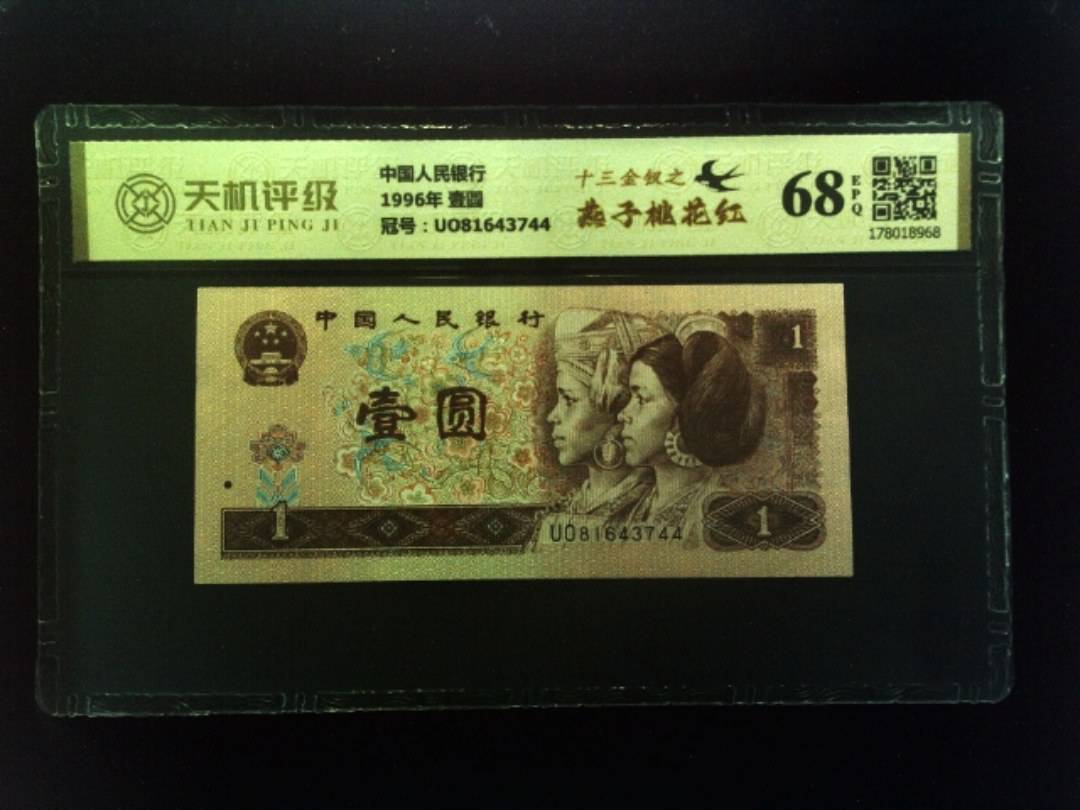 中国人民银行1996年 壹圆，冠号UO81643744，纸币，钱币收藏