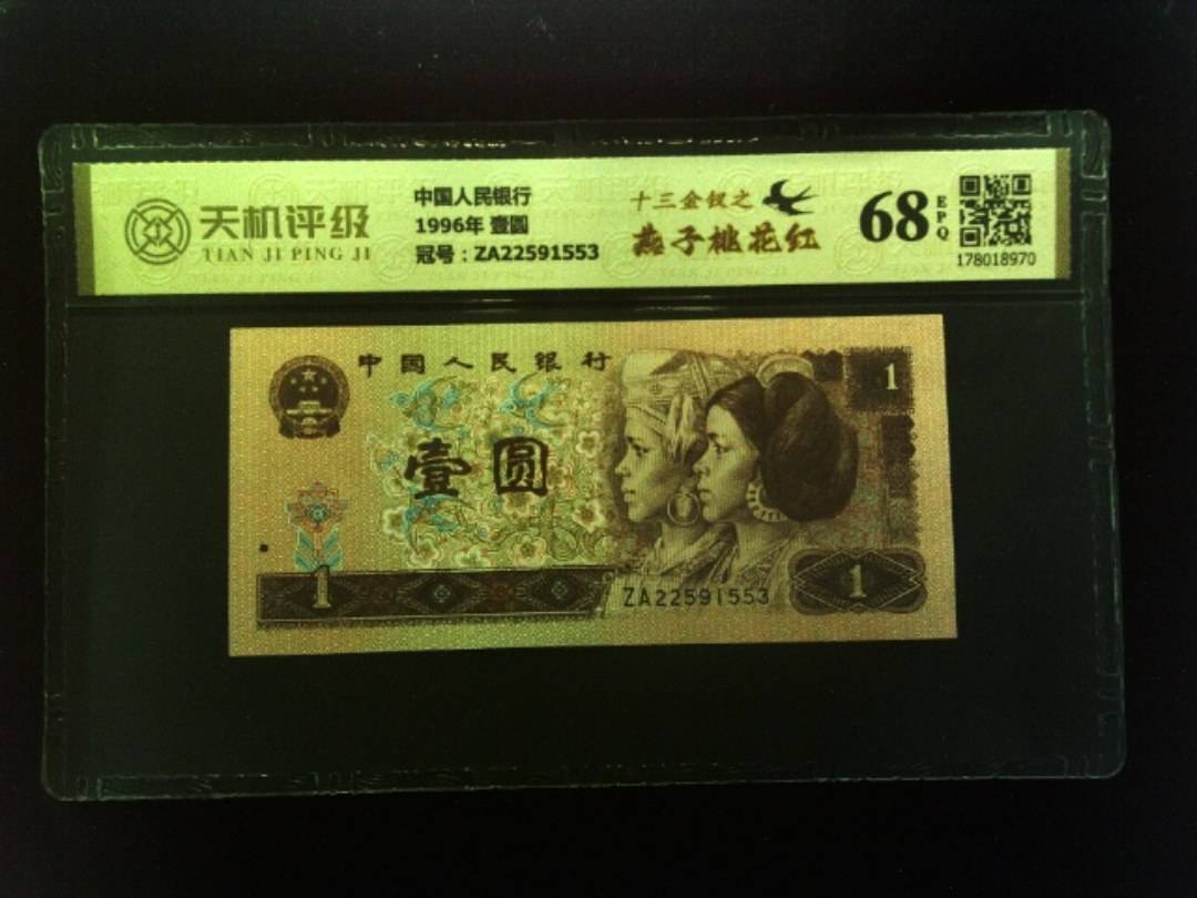 中国人民银行1996年 壹圆，冠号ZA22591553，纸币，钱币收藏