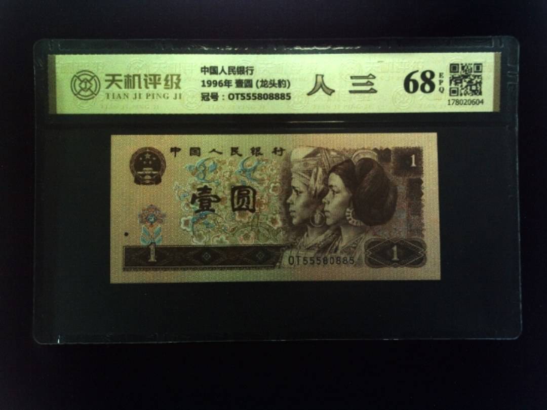 中国人民银行1996年 壹圆 (龙头豹)，冠号OT555808885，纸币，钱币收藏