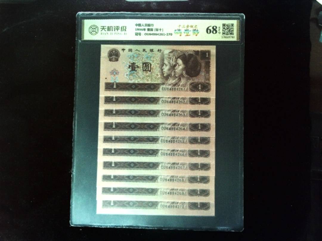 中国人民银行1996年 壹圆 (标十)，冠号OU64864261-270，纸币，钱币收藏