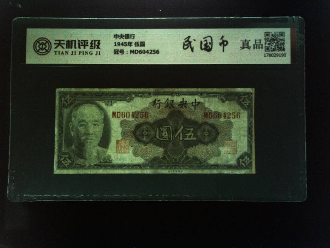 中央银行1945年 伍圆，冠号MD604256，纸币，钱币收藏