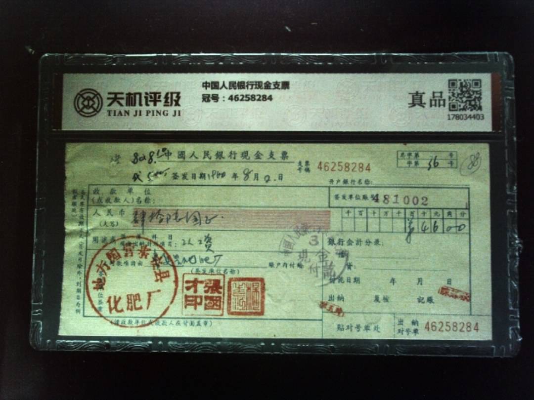 中国人民银行现金支票，冠号46258284，纸币，钱币收藏