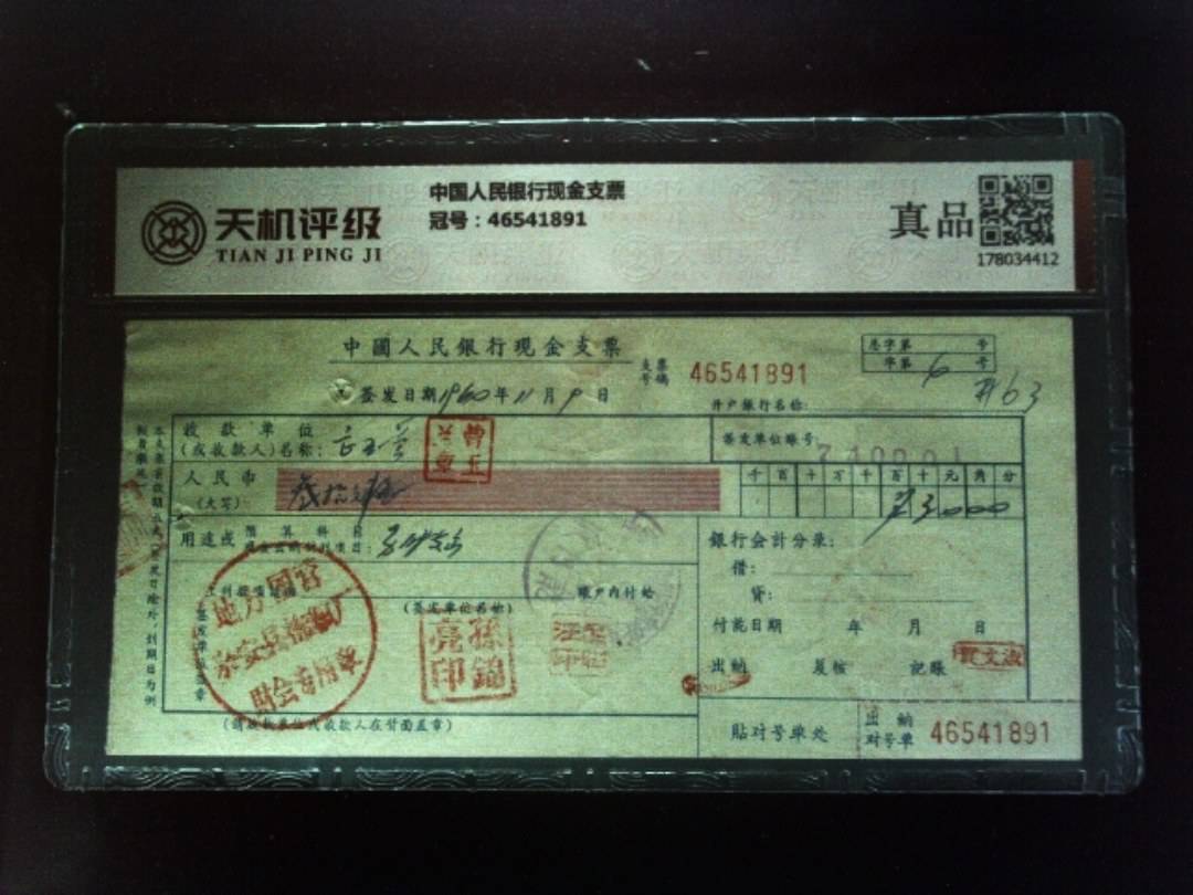 中国人民银行现金支票，冠号46541891，纸币，钱币收藏