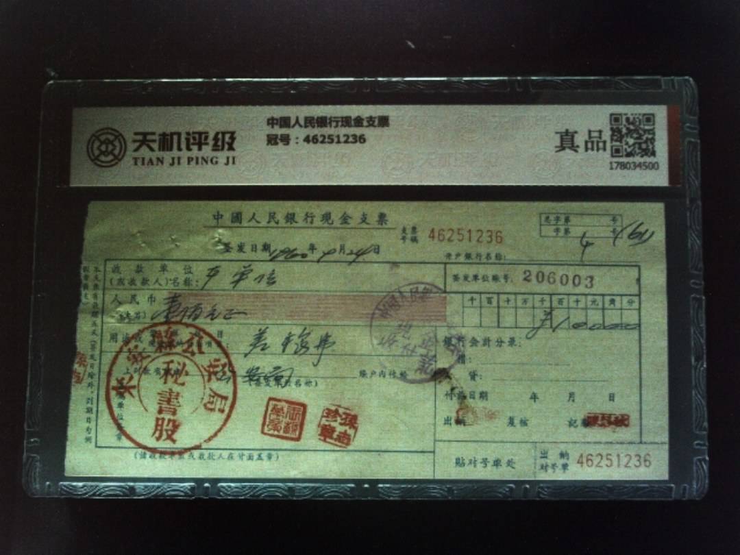 中国人民银行现金支票，冠号46251236，纸币，钱币收藏