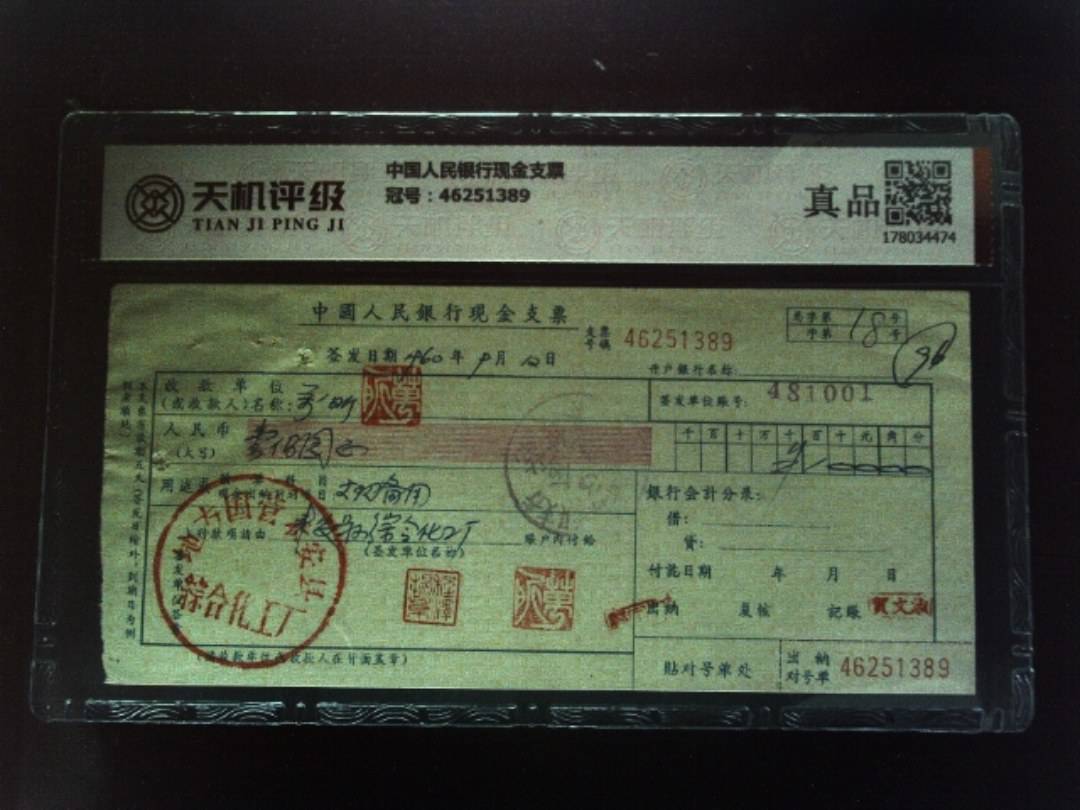 中国人民银行现金支票，冠号46251389，纸币，钱币收藏