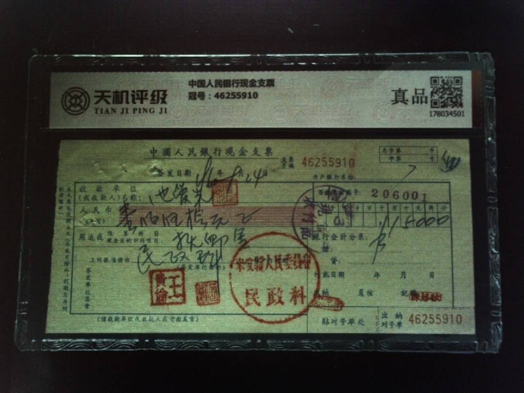 中国人民银行现金支票，冠号46255910，纸币，钱币收藏