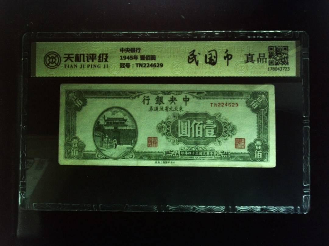 中央银行1945年 壹佰圆，冠号TN224629，纸币，钱币收藏