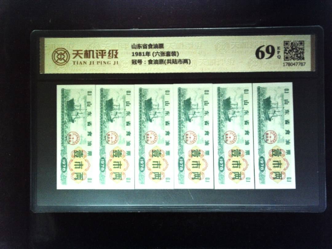 山东省食油票1981年 (六张套装)，冠号食油票(共陆市两)，纸币，钱币收藏